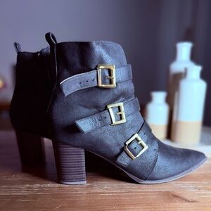 Journee Collection Black Heeled Boots with Gold Buckles